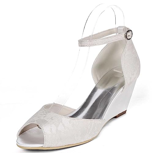 LKJOZCR Hochzeitsschuhe für Damen - Wedges mit Peek-Toe und hohen Absätzen, Satinsandalen, Braut-Pumps für Abendkleid und Party von LKJOZCR