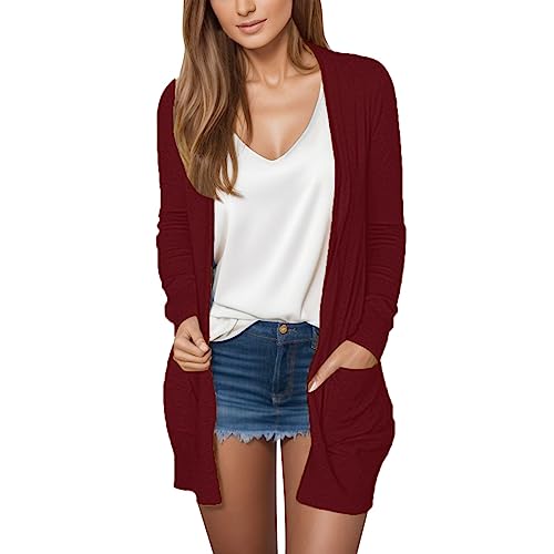 2024 Angebote Strickjacken für Damen Sommer Leichte Strickjacke Lang mit Taschen Sommerjacke Elegant Lang Strick-Cardigan Langarm Einfarbig Schmale Passform Cardigan Große Größen Wein M von LKRSEEF