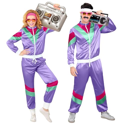 80er 90er Jahre Outfit Damen Herren Retro Trainingsanzug Fasching Karneval Kostüm Set Disco Partnerkostüme Erwachsene Für Mottoparty Karneval 02 Lila L von LKRSEEF