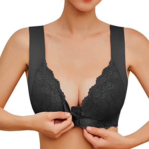 BH Damen Vorderverschluss Ohne Bügel Große Größen Hebe BH Offene Brüste Sexy Still BH Große Brüste Spitze Gepolstert Super Push Up Seamless BH Ohne Träger Bustier Bra Damen Schwarz 3XL von LKRSEEF