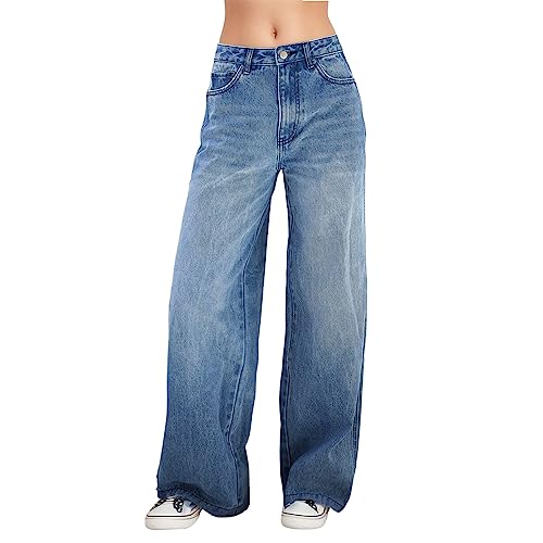 Baggy Jeans Damen Loose Gerade Hosen Low Waist Bootcut Jeans Jeanshosen Y2K Style Vintage High Waist Straight Jeans Breites Bein Jeans Hose Teenager Mädchen Streetwear Denim Hosen Damen Blau XXL von LKRSEEF