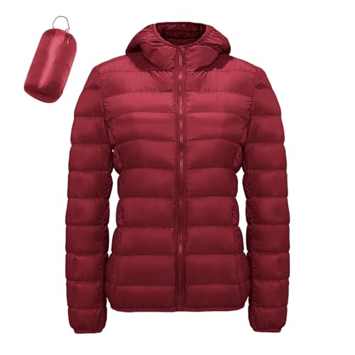 Black Friday Angebote 2024 Lässige einfarbige leichte wasserdichte Daunenjacke mit Kapuze für Damen Rot 3XL von LKRSEEF