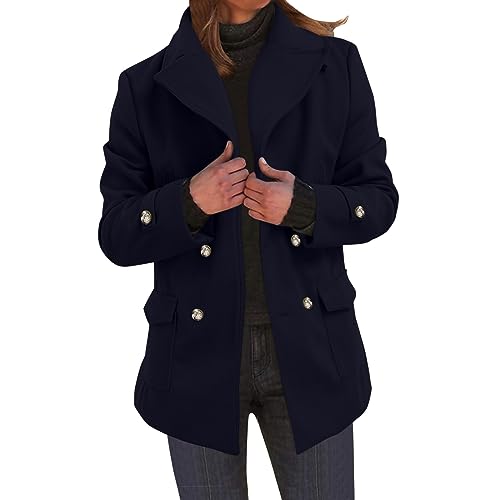 Black Friday Angebote 2024 Mantel Damen Herbst Wollmantel Revers Zweireihiger Knopfleiste Wintercoat Eleganter Einfarbige Kurzmantel Damen wintermantel Damen Damen-mäntel Navy 3XL von LKRSEEF