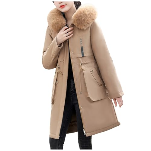 Black Friday Angebote 2024 Neuer Warm Winterparka Damen Lang Einfarbig Winterjacke Outdoor Modisch und lässig Jacke für Damen mit Fellkapuze Khaki XXL von LKRSEEF