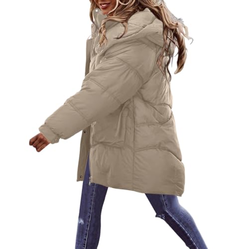 Black Friday Angebote 2024 Warm Daunenjacken Damen, Winterjacke Damen, Lang Einfarbig Mantel Damen Winter, Outdoor Steppjacke Damen mit Fellkapuze 01 Khaki XXL von LKRSEEF