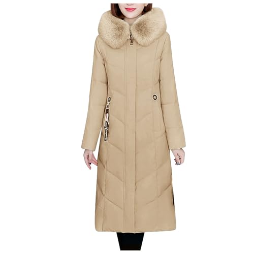 Black Friday Angebote 2024 Winterjacke Damen, Warm Wintermantel Damen, Lang Einfarbig Mantel Damen, Outdoor Jacke Damen mit Fellkapuze Khaki XXL von LKRSEEF