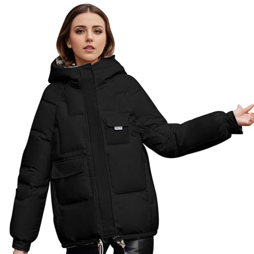 Black Friday Angebote 2024 Winterjacke Damen - Modische, einfarbige, lockere, verdickte warme Outdoor Jacke mit Kapuze für Damen Schwarz M von LKRSEEF