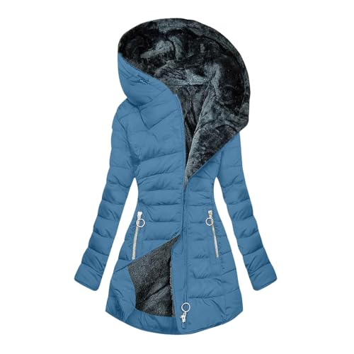 Black Friday Angebote 2024 Winterjacke Damen - Modische, einfarbige, schmaler, mittellang Plüschfutter Steppjacke mit Kapuze für Damen Blau 3XL von LKRSEEF