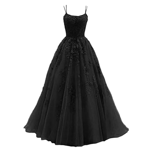 Damen Ballkleid Aesthetic Clothes aus Tüll mit Spaghettiträgern Brautkleid Standesamt Lange Spitzenapplikationen Ballkleider A Linie formelle Party Abendkleider Damen Lang Schwarz L von LKRSEEF