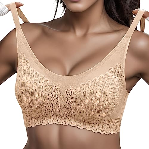 Damen Komfort BH Ohne Bügel Push Up Nahtlos Sport BH Gepolstert Spitzen Bra Weich Seamless Stretch Bustier Mittel Halt Bügelloser Schlaf BH Klassische Top für Alltag Yoga Damen Khaki XL von LKRSEEF