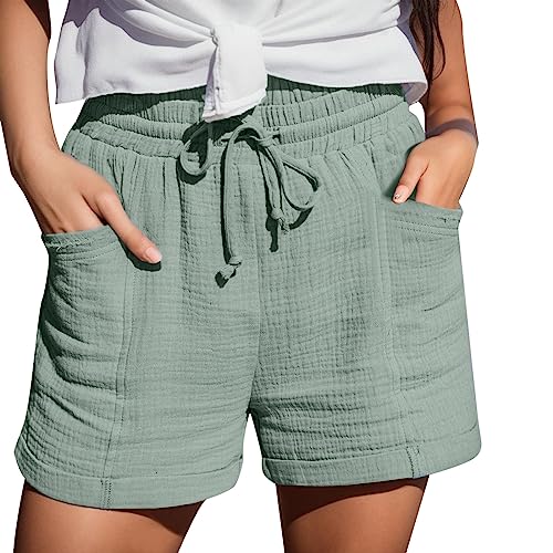 Damen Shorts Sommer Mode Lässige Musselin Hose Mit Hoher Taille Gerades Bein Sport Lockere Shorts Mit Kordelzug Kurze Hose Mit Taschen Gummiband Freizeit Shorts Elastische Stoffhose Damen Grün XXL von LKRSEEF