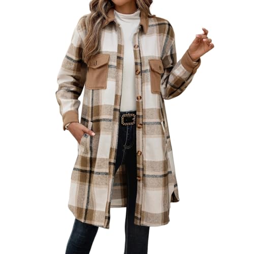 Damen-mäntel Black Friday Cyber Monday Angebote 2024 Wintermantel Damen Klassischer Retro Karierte Jacke Herbst Winter Übergangsmantel Wollmantel Damen Mit Große Taschen 02 Khaki S von LKRSEEF