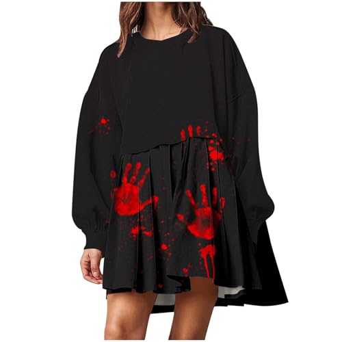 Halloween-kostüm Damen, Halloween Kostüm Damen Gruselig Mit Blutflecken-Aufdruck Langärmliges Blutiges Kleid Mit Taschen Halloween Kleid Damen 18 Schwarz XL von LKRSEEF