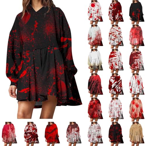 Halloween kostüm Erwachsene, Halloween Kostüm Damen Gruselig Erwachsene Mit Blutflecken-Aufdruck Langärmliges Blutiges Kleid Mit Taschen Kostüm Halloween Damen 01 Schwarz L von LKRSEEF