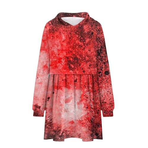 Halloween kostüm Frauen, Halloween Kostüm Damen Gruselig Mit Blutflecken-Aufdruck Langärmliges Blutiges Kleid Mit Taschen Halloween Kleid Damen 44 Wassermelonenrot XL von LKRSEEF