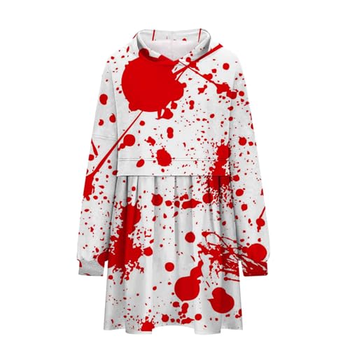 Halloween kostüm Horror Braut, Halloween Kostüm Damen Gruselig Erwachsene Mit Blutflecken-Aufdruck Langärmliges Blutiges Kleid Mit Taschen Kostüm Halloween Damen 32 Wein L von LKRSEEF