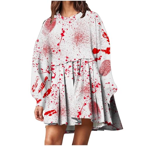 Halloween kostüm männer, Halloween Kostüm Damen Gruselig Erwachsene Mit Blutflecken-Aufdruck Langärmliges Blutiges Kleid Mit Taschen Kostüm Halloween Damen 15 Weiß S von LKRSEEF