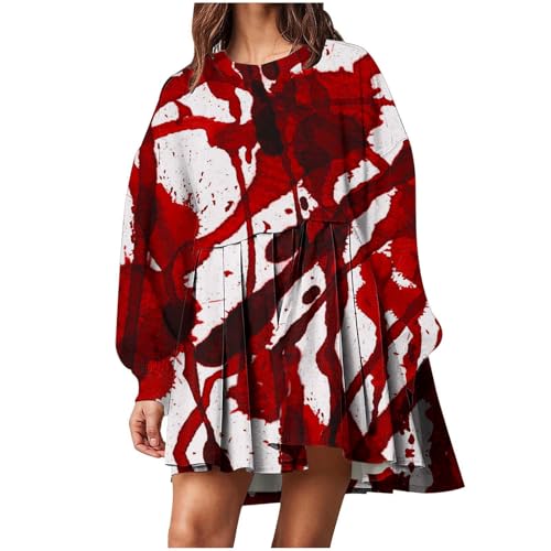 Halloween kostüm männer, Halloween Kostüm Damen Gruselig Mit Blutflecken-Aufdruck Langärmliges Blutiges Kleid Mit Taschen Halloween Kleid Damen 14 Rot L von LKRSEEF