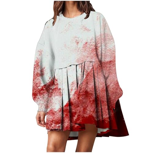 Horror kostüm, Prime angeboteprime Angebote, Halloween Kostüm Damen Gruselig Erwachsene Mit Blutflecken-Aufdruck Langärmliges Blutiges Kleid Mit Taschen Kostüm Halloween Damen 03 Rot XXL von LKRSEEF