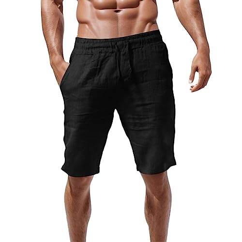 Kurze Hosen Herren Leinen Shorts Leichte Bermuda Beach Baggy Sommershorts Freizeit Atmungsaktiv Leinenhose Strandhose Kurz mit Taschen Wanderhose Chino Sommerhose Mit Gummizug Herren Schwarz 3XL von LKRSEEF