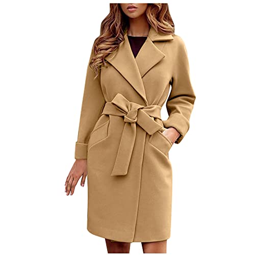 Kurzmantel Damen, Mehrere Stile Schmal Geschnittener Damenmantel Aus Wolle Mit Gürtel Und Revers Mantel Damen Herbst Windbreaker Damen Windjacke Damen Damen-Mäntel 09 Khaki L von LKRSEEF