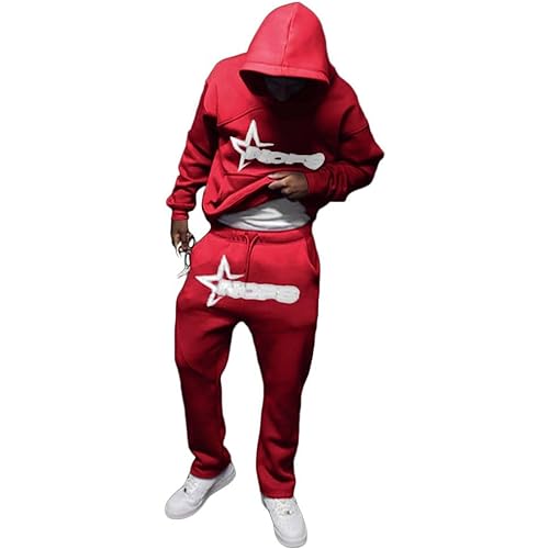 LKRSEEF 2024 Jogginganzug NOFS Y2K Herren - 2-Teilig 2024 Tracksuit mit Hoodie und Sporthose Streetwear Style NOFS Fashion Zweiteiler Trainingsanzug für Herren und Damen Rot S von LKRSEEF