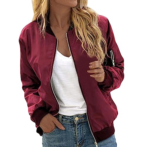 LKRSEEF Bomberjacke Damen Leichte Elegant Blouson Oversize Trenchcoat Kurz Fahrradjacke Frühling Sommer Übergangsjackeohne Kapuze Sportlich Modern Teenager Mädchen Motorradjacke Jacke Rot M von LKRSEEF