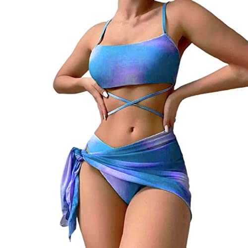 LKRSEEF Damen Bikini Set Niedrige Taille String Dreieck Bikini Rock 3-teilig Bikini Badeanzug Krawatte Färbung High-Cut Bademode Badehose Damen Blau S von LKRSEEF