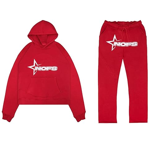 LKRSEEF Jogginganzug Damen und Herren NOFS Tracksuit 2 Piece Unisex Trainingsanzug Y2K Hip Hop Streetwear Hoodie Sportanzug Sporthose NOFS Buchstaben Druck Lose Streatwear Trainingsanzüge Rot XL von LKRSEEF