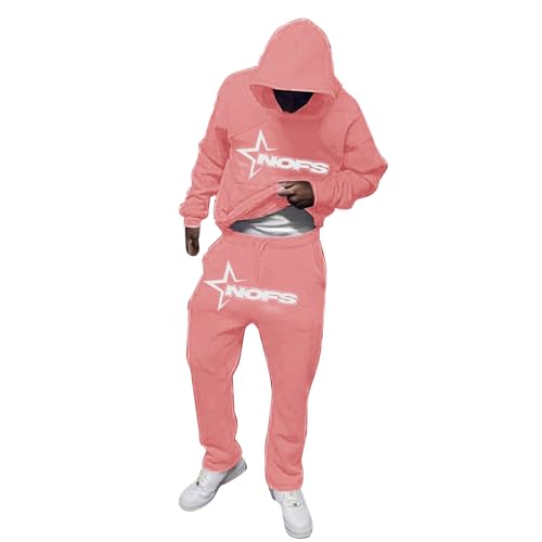 LKRSEEF Jogginganzug Set, Gym Tracksuit Y2K Hoodie Nofs Streatwear Trainingsanzüge für Herren Damen Baggy Nofstracksuit Z01 Rosa XXL von LKRSEEF