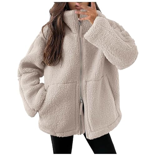 LKRSEEF Neu Teddyjacke Damen Warme Samt Jacke Einfarbig Dicke Freizeit Winterjacke Doppelter Reissverschluss Fleecejacke Wintermantel Plüschjacke Mit Taschen 01 Beige S von LKRSEEF