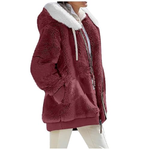 LKRSEEF Neu Teddyjacke Damen mit Kapuze Warme Samt Jacke Übergroße Dicke Freizeit Winterjacke Reissverschluss Fleecejacke Kuscheljacke Plüschjacke Mit Taschen Rot XL von LKRSEEF