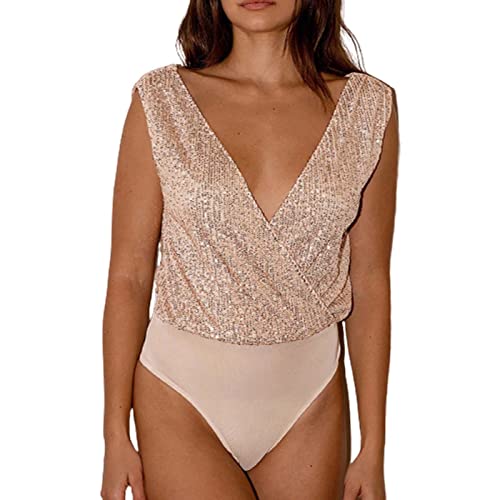 Langarmbody Damen Pailletten Glitzer Meerjungfrau Body Shaper Sexy Rückenfrei Langarm/Kurzarm Bodysuit Tanzbody Rave Body Bluse Tops Blusenbody Shapewear Stringbody Damen Beige M von LKRSEEF