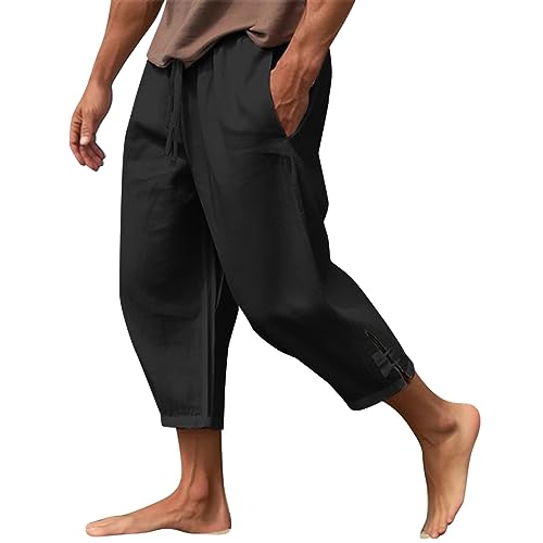 Leinenhose 3/4 Hose Herren Speziell Entwickelte Hosenbeine Leichte Sommerhose Elastischer Kordelzug In Der Taille Caprihose Beach Shorts Jogging Style Freizeithose Herren Schwarz 3XL von LKRSEEF