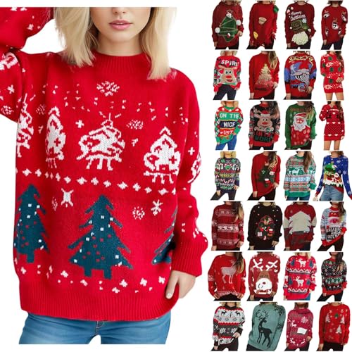 Prime, Weihnachtspullover lustig, Dutzende Stile Weihnachtspullover Damen Pullover Damen Herbst Outfit Y2k Strickpullover Damen Langarm Pulli Damen Ugly Christmas Sweater Damen 01 Rot M von LKRSEEF