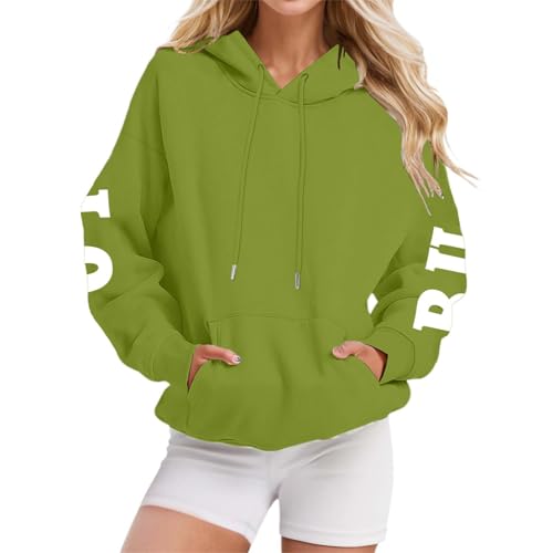 Rabatte bei Amazon Heute, 2024 Neu Damen Hoodie Gedruckte Buchstaben Auf Der Rückseite Pullover Modisches Street-Trend-Sweatshirt Herbst Outfit Kapuzenpullover Hoodies Für Damen Oversize Grün XL von LKRSEEF