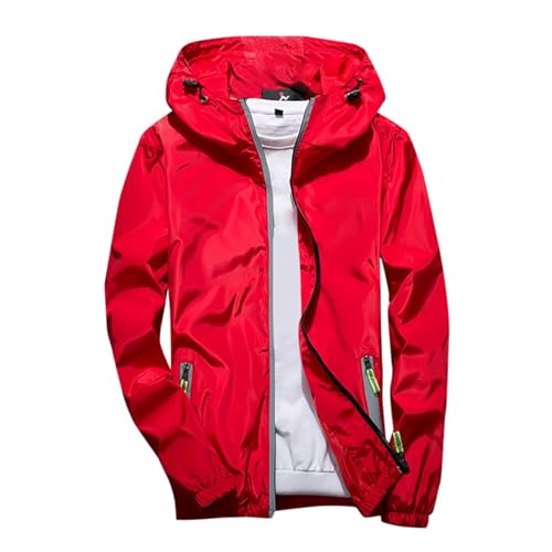 Regenjacke Herren Wasserdicht Atmungsaktiv Dünne Leichte Jacke Windbreaker Kapuze Regenjacke Reflektierender Reißverschluss Normale Passform Outdoorjacke Arbeitsjacke Regenbekleidung Rot M von LKRSEEF