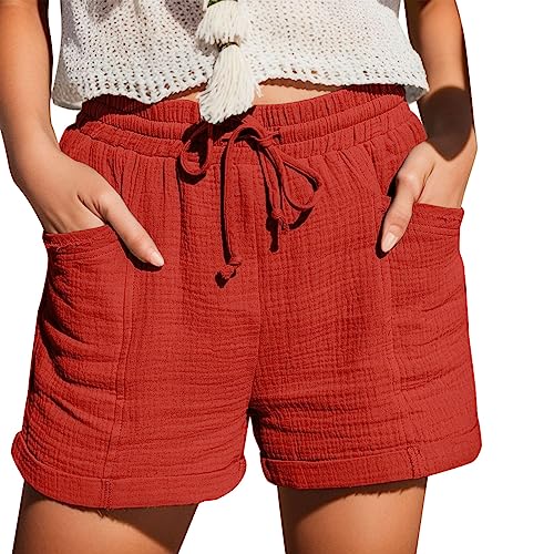 Shorts Damen Sommer Baumwolle Elastisch High Waist Kurze Hosen Causal Rüschen Strandshorts Einfarbig Freizeit Shorts Sweatpants Leichte Sommerhose Mit Gummiband Sport Bermuda Shorts Damen Rot XXL von LKRSEEF