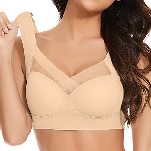 Soft Komfort BH Damen Büstenhalter Ohne Bügel Spitze Balconette BH Push Up Sexy Bustier Große Brüste Bralette Schalen Softschalen Strapless BH Schlaf BH Extrem Damen Beige XXL von LKRSEEF