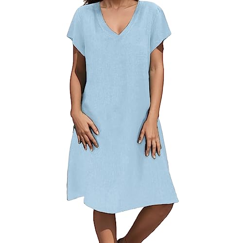 Sommerkleid Damen Leinen Leicht Kleider Casual V-Ausschnitt Midikleid Kurzarm A-Linie Kleid Luftige Sommerkleider Strandkleid Swing Freizeitkleid Kleid Damen Kleider Für Senioren Blau L von LKRSEEF