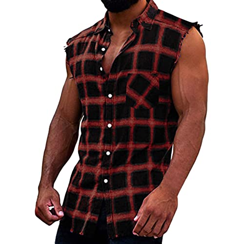 Tank Top Herren Checkshirt Gym Fitness Shirt Muskelshirts Sommer Ärmellose T-Shirts Laufshirt Kompressionsshirt Jeanshemd Strandhemd Baumwolle Herren Hemd Rot XXL von LKRSEEF