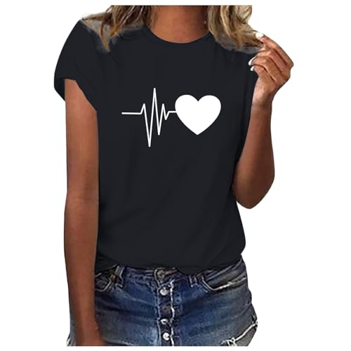 Tshirt Damen Mit Aufdruck Sprüche Herz Oberteile Baumwolle Kurzarm T Shirt Bluse Lässige Oversize Shirt Sommer Elegant Tops Teenager Mädchen Ausgefallene Tshirts Für Damen Schwarz(__ـﮩ٨ـ٨) M von LKRSEEF