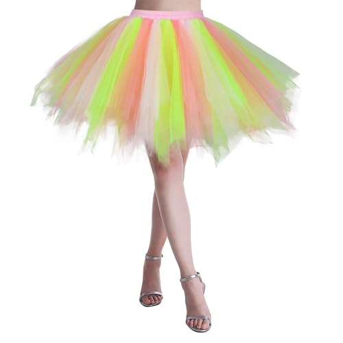 Tüllrock Damen, 50er Jahre Regenbogen Ballett Karneval Kostüm Tanzkleid Tütü Petticoat Bunt Tutu Rock Ballettrock Unterrock Für Damen(Schwarz Weiß Orange Lila Rosa Rot Braun Blau Grün Gelb) von LKRSEEF