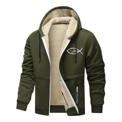 Winterjacke Herren, Sherpa Gefütterte Jacke mit Kapuze, Winddicht Outdoorjacke, Männer Einfarbiges Mantel mit Reißverschluss, Winter Mantel, Wärmend Jacke, Wintermantel für Herren 01 Grün L von LKRSEEF