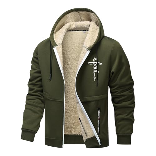 Winterjacke Herren, Sherpa Gefütterte Jacke mit Kapuze, Winddicht Outdoorjacke, Männer Einfarbiges Mantel mit Reißverschluss, Winter Mantel, Wärmend Jacke, Wintermantel für Herren 02 Grün L von LKRSEEF