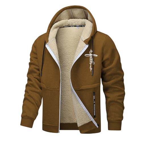 Winterjacke Herren, Sherpa Gefütterte Jacke mit Kapuze, Winddicht Outdoorjacke, Männer Einfarbiges Mantel mit Reißverschluss, Winter Mantel, Wärmend Jacke, Wintermantel für Herren 02 Khaki XXL von LKRSEEF