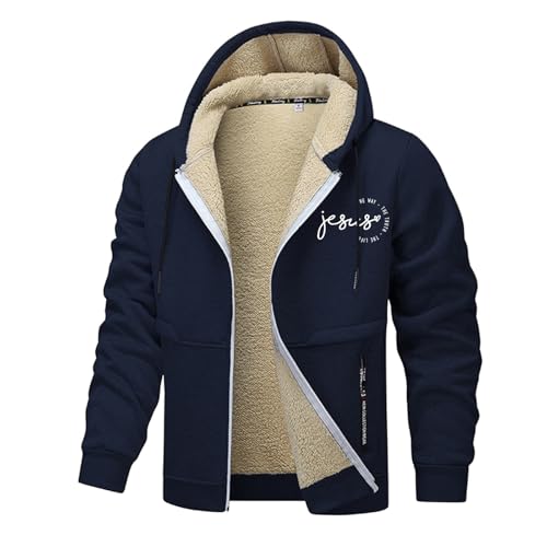 Winterjacke Herren, Sherpa Gefütterte Jacke mit Kapuze, Winddicht Outdoorjacke, Männer Einfarbiges Mantel mit Reißverschluss, Winter Mantel, Wärmend Jacke, Wintermantel für Herren 03 Blau L von LKRSEEF