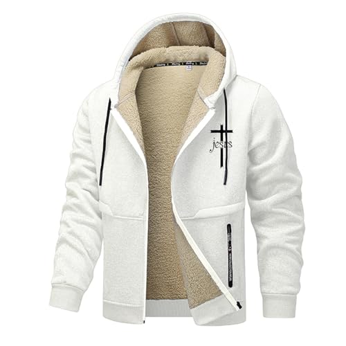 Winterjacke Herren, Sherpa Gefütterte Jacke mit Kapuze, Winddicht Outdoorjacke, Männer Einfarbiges Mantel mit Reißverschluss, Winter Mantel, Wärmend Jacke, Wintermantel für Herren 05 Weiß M von LKRSEEF