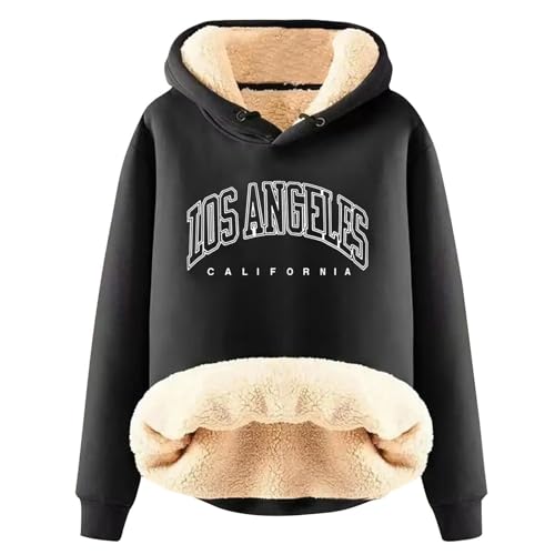 befristetes Angebot Heute, 2024 Neu Fleecepullover Damen Winter Warme Kapuzenpullover Sweatshirt Mit Kapuze Buchstabenmuster Oversize Sport Pullover Hoodies Für Damen 02 Schwarz 3XL von LKRSEEF