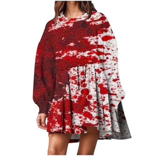 kostüm Halloween Damen, Halloween Kostüm Damen Gruselig Erwachsene Mit Blutflecken-Aufdruck Langärmliges Blutiges Kleid Mit Taschen Kostüm Halloween Damen 22 Wassermelone Rot L von LKRSEEF